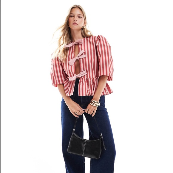 ASOS Red Pink Striped Puff Sleeve Peplum Blouse | Bow Tie Detail XS - Picture 1 of 5